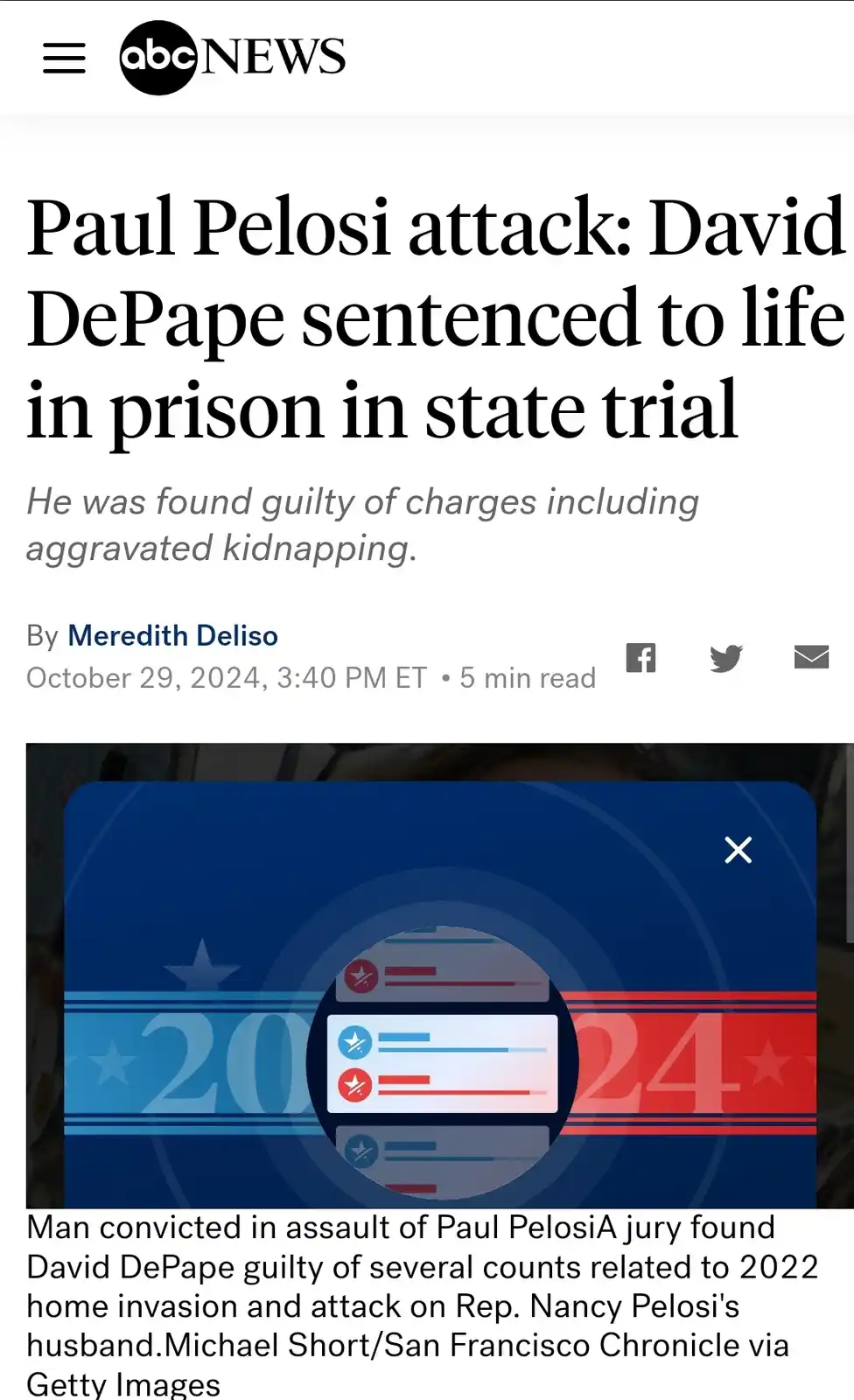 An abcnews.com article screenshot shows a headline about David DePape being sentenced to life in prison for attacking Paul…