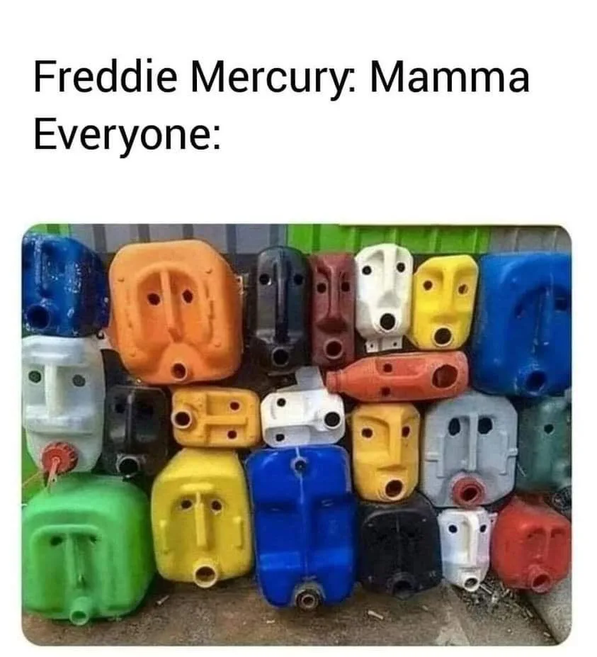 An image shows a pile of colorful plastic jerry cans, each with a face-like design molded into its body, featuring eyes, a…