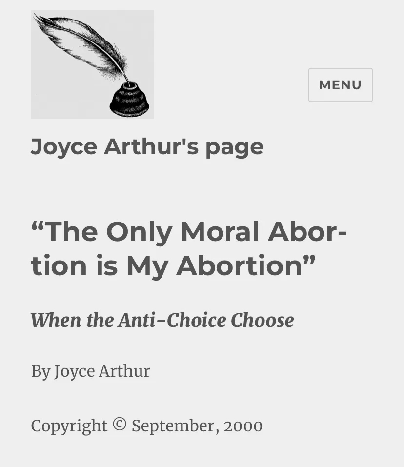 A screenshot of a webpage titled 'Joyce Arthur's page' featuring a black-and-white illustration of a quill pen in an inkwell…
