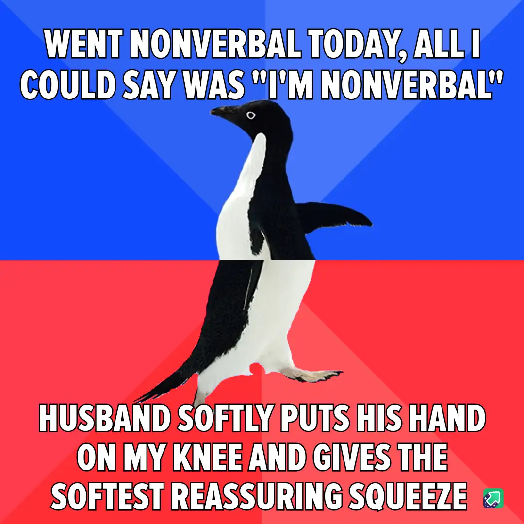A penguin stands centered against a blue and red background, with bold white text overlaid in two sections. The top text…