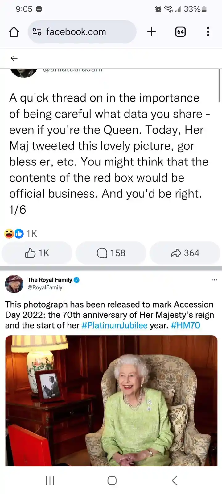 A screenshot of a Facebook post by user @amateuradam, which humorously comments on a photo of Queen Elizabeth II. The photo…