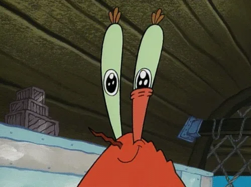 The image shows four identical panels of the animated character Mr. Krabs from SpongeBob SquarePants, who has a wide…
