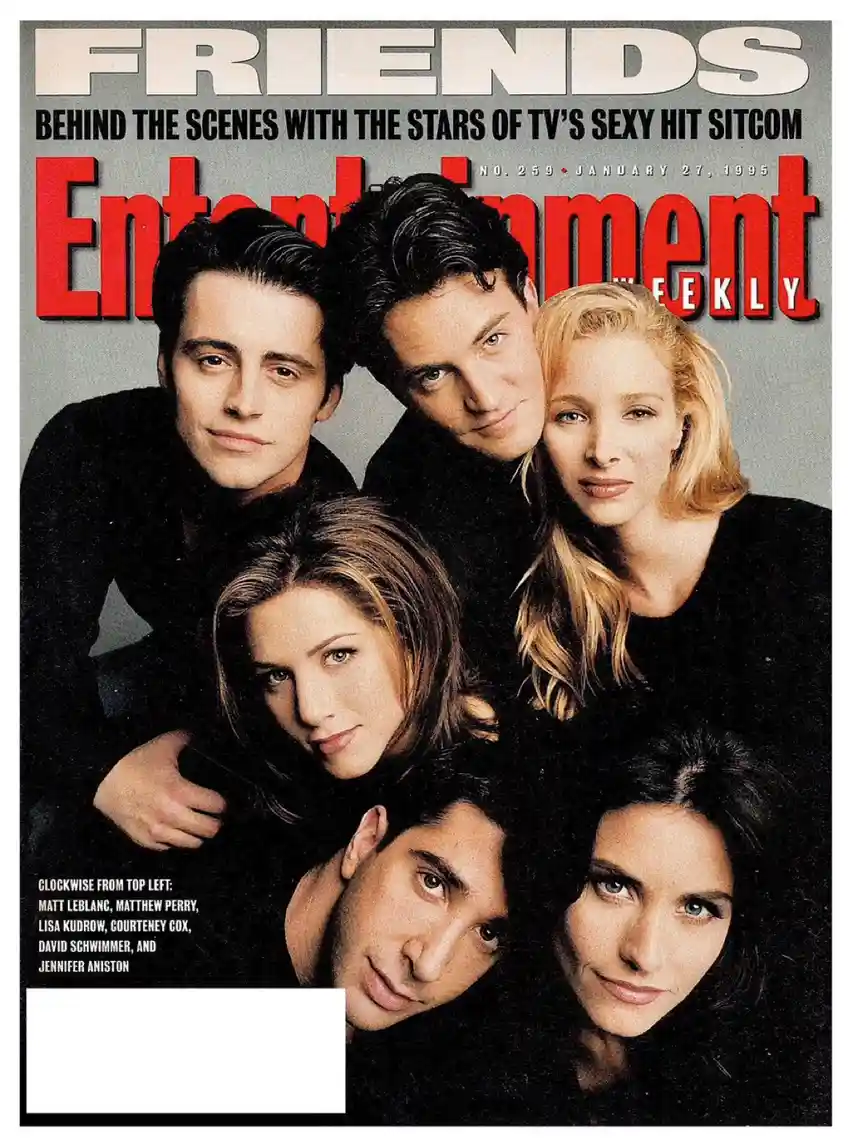 The image is the January 27, 1995, cover of Entertainment Weekly magazine featuring the cast of the TV show 'Friends'. The…