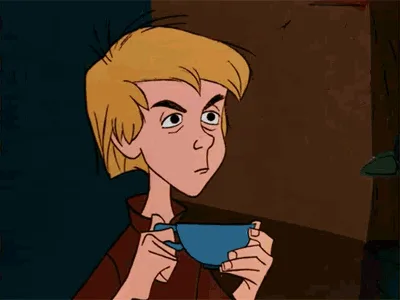A six-panel animated sequence shows a blonde-haired cartoon boy holding a blue teacup. In the top row, he sips the tea with…