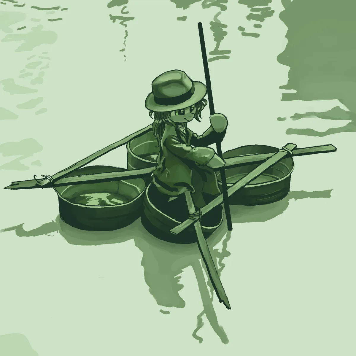 A cartoon character with long hair and a hat sits in a makeshift boat made of three metal buckets tied together, holding a…