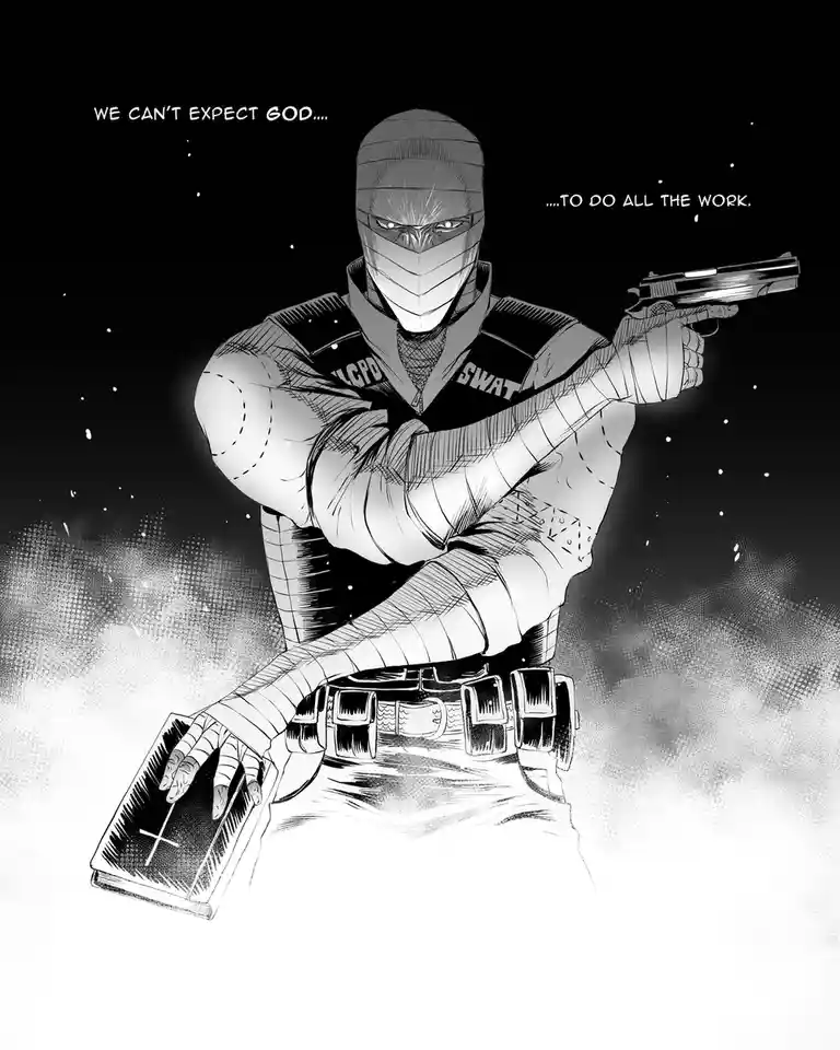 A black-and-white manga-style illustration shows a masked SWAT officer holding a pistol in one hand and a Bible in the…