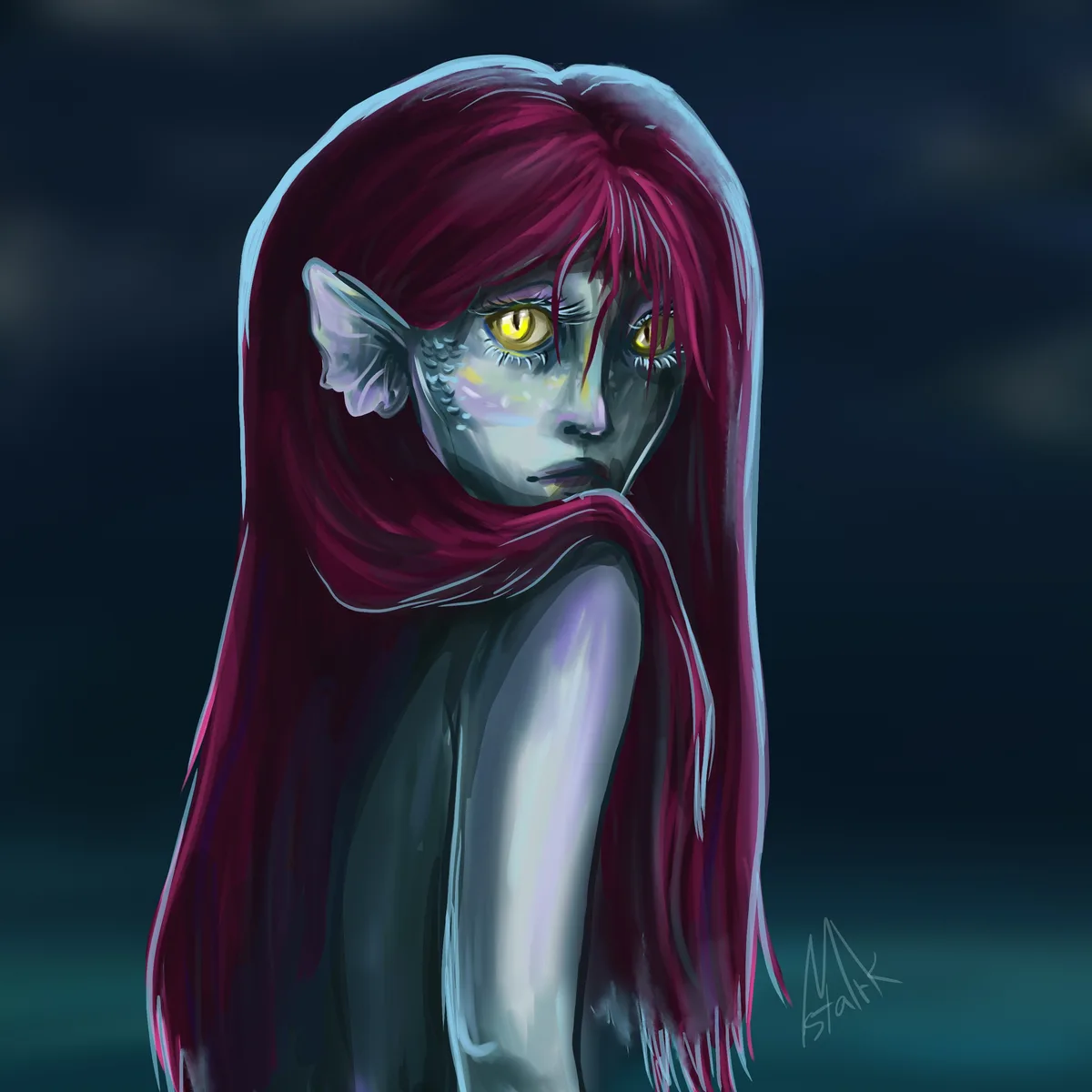 A digital illustration of a pale-skinned, elf-like female character with long, flowing burgundy hair, pointed ears, and…