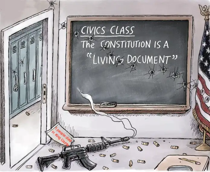 A cartoon classroom scene shows a chalkboard with the text 'CIVICS CLASS The CONSTITUTION IS A "LIVING DOCUMENT"' covered in…