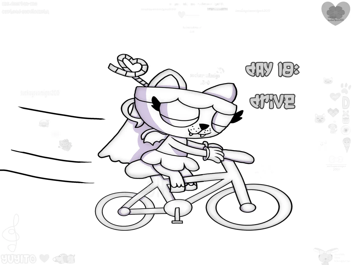 A cartoon cat with angel wings and a heart-shaped wand rides a bicycle with a determined expression, while text in the upper…