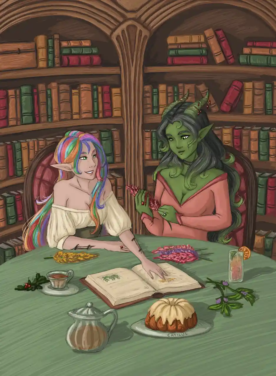 Two fantasy women sit at a table in a library, one with rainbow hair and the other green-skinned with horns, studying a book…