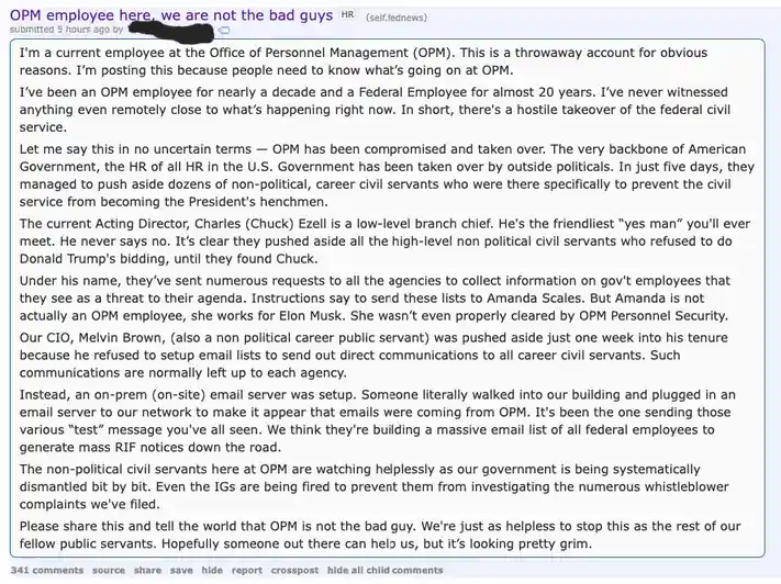 A screenshot of a Reddit post from a user claiming to be an OPM employee, detailing their belief that the Office of…