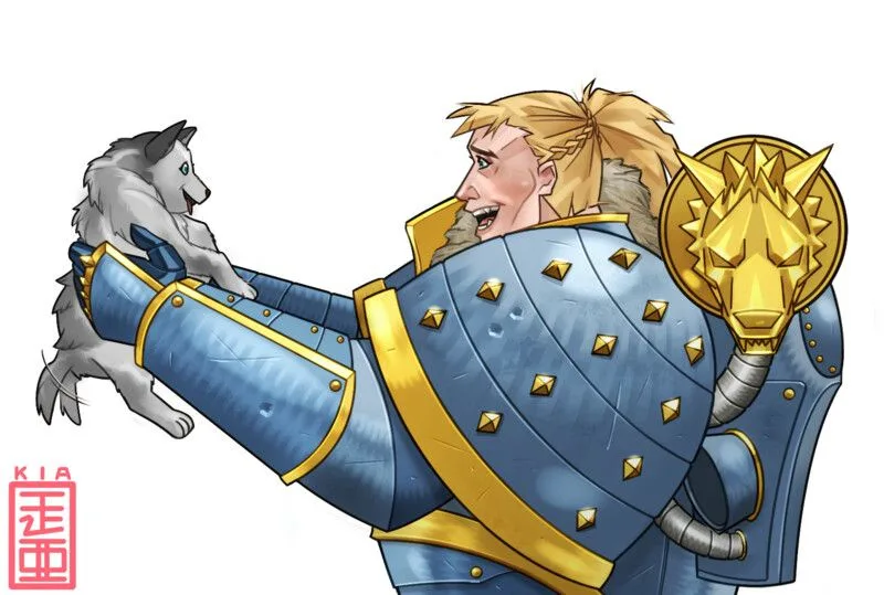 A cartoon illustration shows a blonde-haired man in blue and gold medieval armor, holding a small gray and white husky-like…