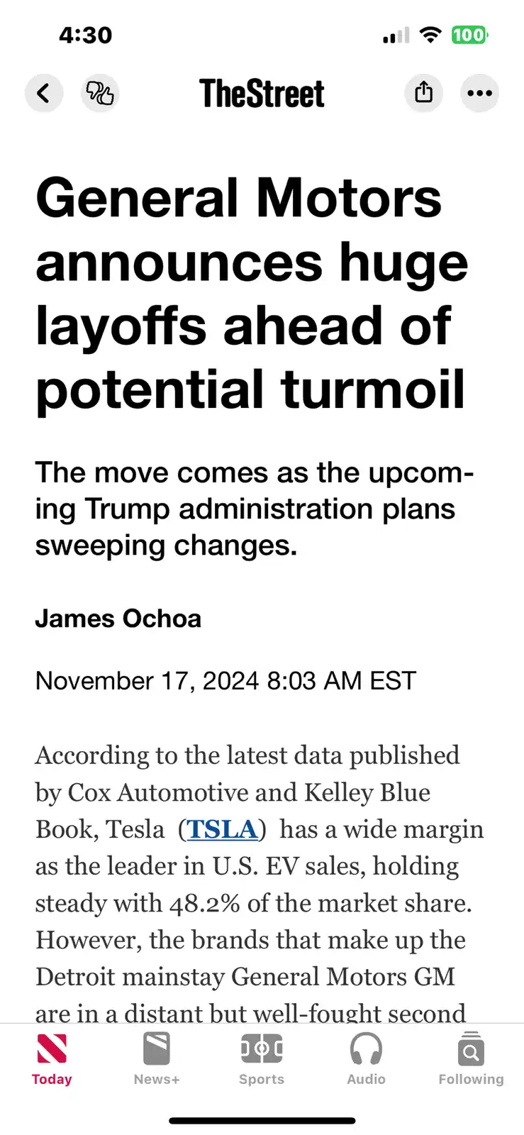 A screenshot of a news article from TheStreet titled 'General Motors announces huge layoffs ahead of potential turmoil,'…