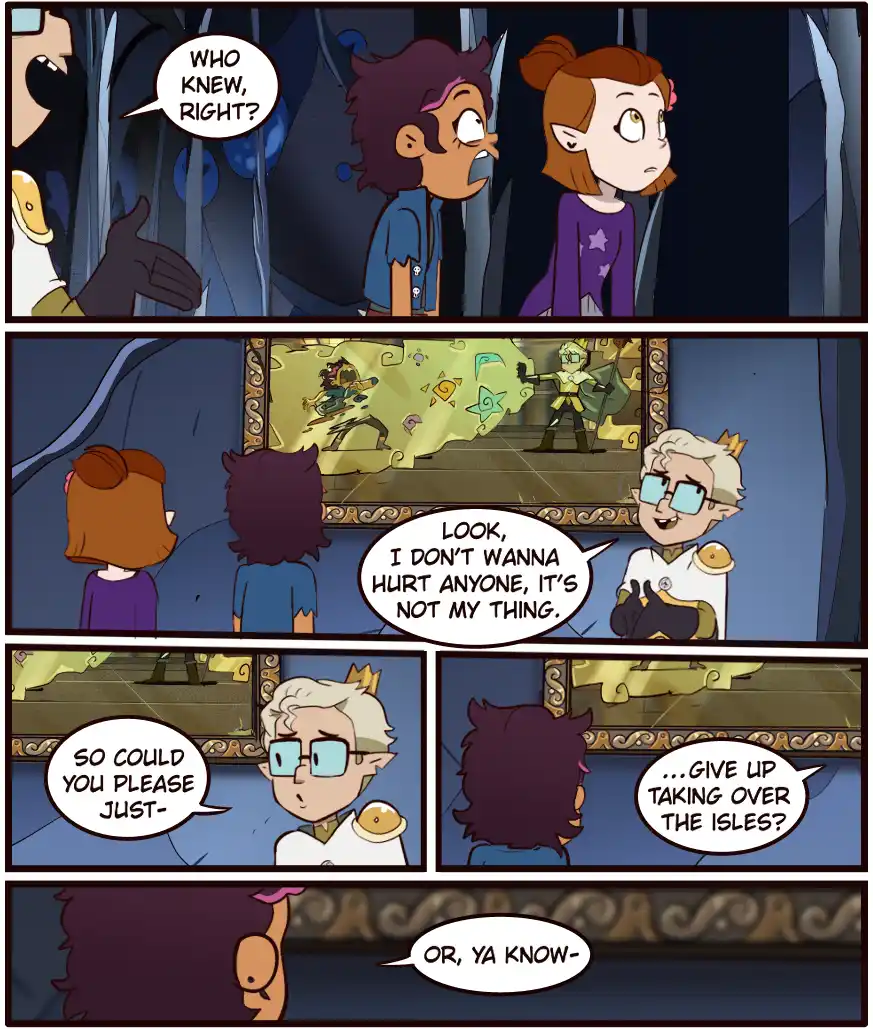 A four-panel comic strip from 'The Owl House' shows two characters reacting to a third character's confession. The third…