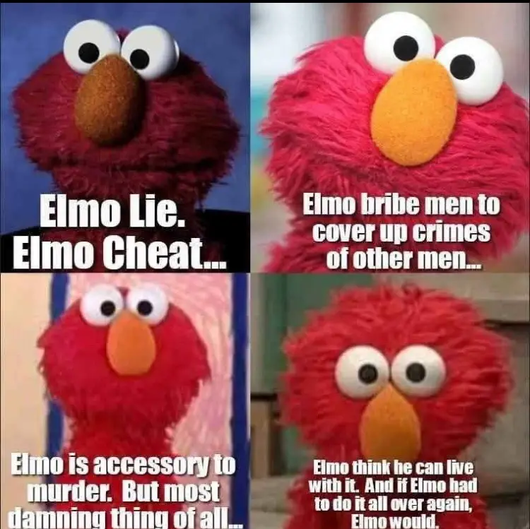 A four-panel meme featuring the Sesame Street character Elmo, each panel showing a different close-up of his face with…