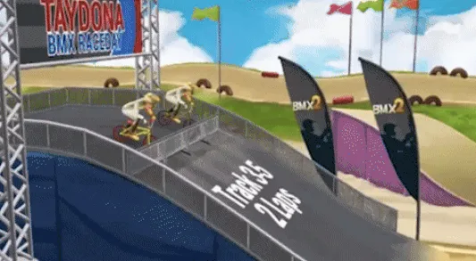 A six-panel image sequence from a video game showing a BMX rider progressing through a dirt track race, starting at the…