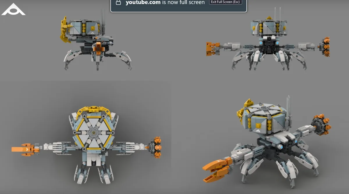 The image displays four different views of a complex, multi-legged robotic model made from interlocking plastic bricks…