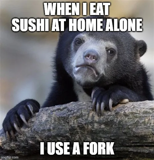 A black bear with a sad, disappointed facial expression rests its paws on a log. White bold text overlaid at the top reads…