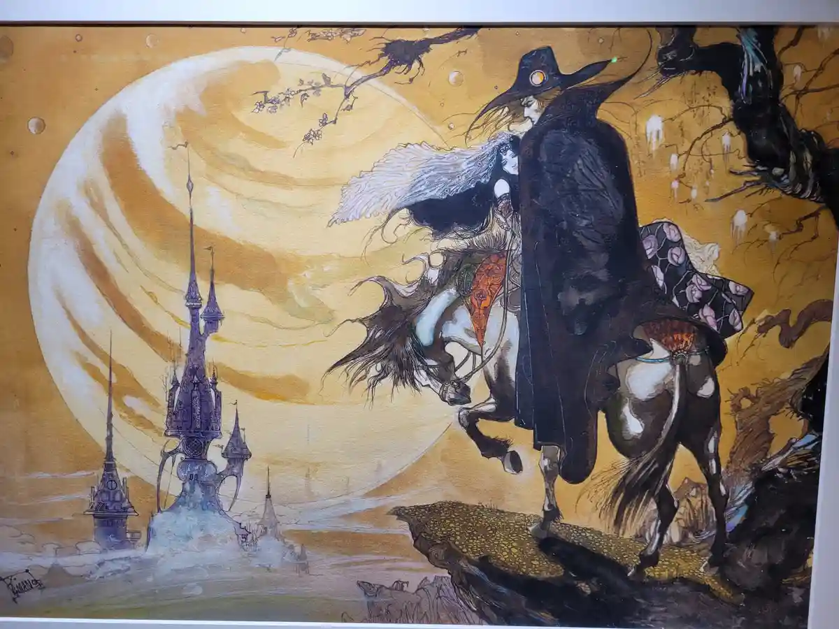 A watercolor fantasy illustration depicts a darkly clad figure in a wide-brimmed hat and cloak riding a horse, with a woman…