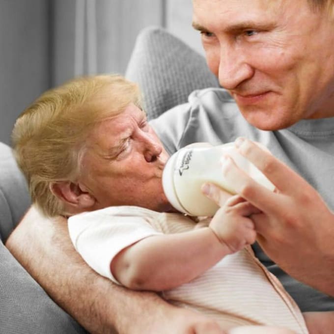 a man with a stern expression, identified as russian president vladimir putin, is holding a baby dressed in a white onesie…