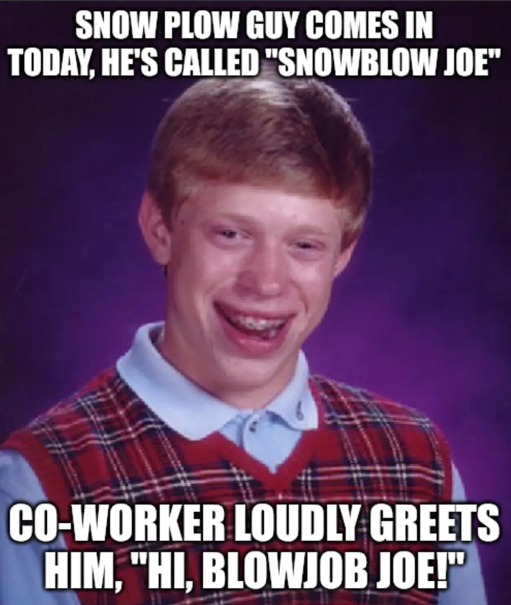The image shows a young man with reddish hair, braces, and a wide, awkward grin, wearing a red plaid vest over a light blue…