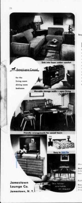 A vintage black-and-white furniture catalog page from Jamestown Lounge Co. shows various mid-century modern furniture pieces…