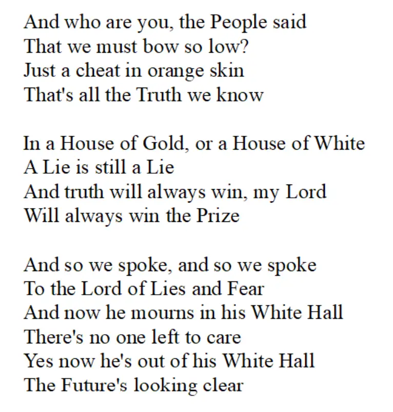 The image displays a white background with black text arranged in three stanzas of poetry. The text is a satirical political…