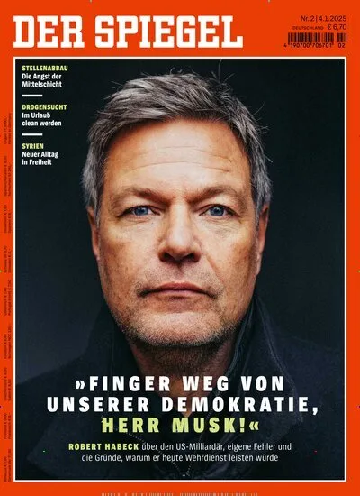 The image is the cover of German magazine Der Spiegel, featuring a close-up portrait of Robert Habeck. Overlaid text reads…
