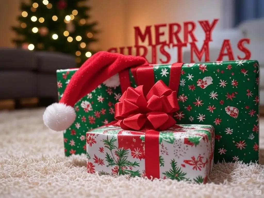 Two Christmas presents, one large green and one small white, both wrapped with red ribbons and bows, sit on a beige carpet…