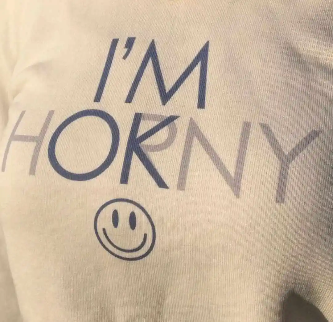 A close-up of a light-colored t-shirt with the text 'I'M HORN' printed in bold blue letters, with the word 'HORNY' partially…
