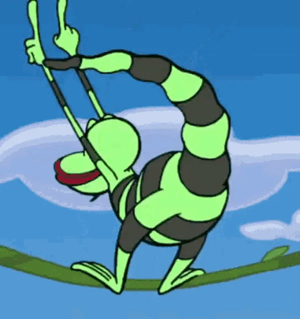 A six-panel animation shows a green, striped cartoon character performing a series of extreme, contorted yoga-like poses on…