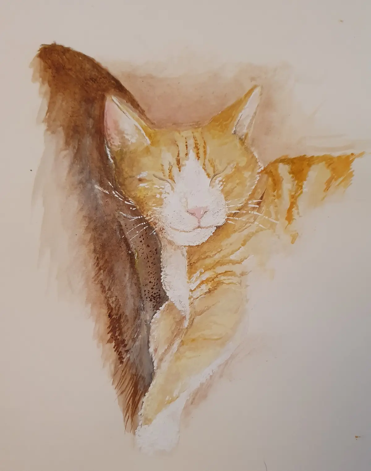A watercolor painting of a ginger cat with closed eyes and a serene expression, appearing deeply relaxed or contemplative…