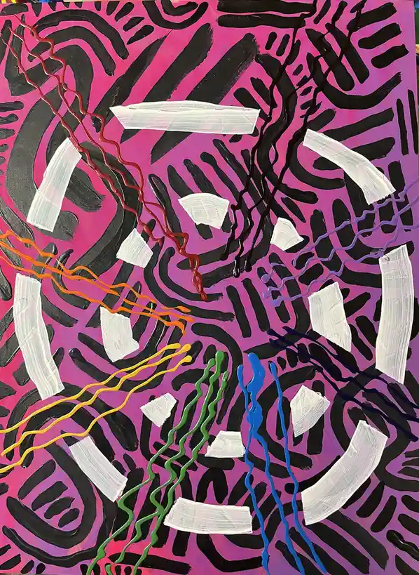 An abstract painting on a pink and purple gradient background features thick black brushstrokes, scattered white rectangular…