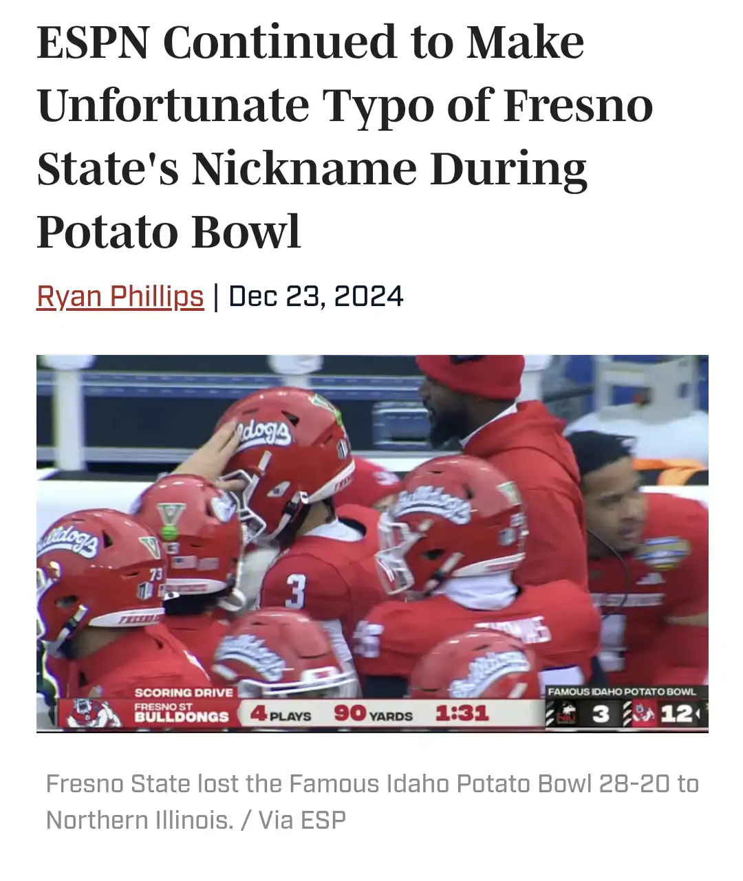 A screenshot of an ESPN news article headline about a recurring typo mistake during the Famous Idaho Potato Bowl, showing a…