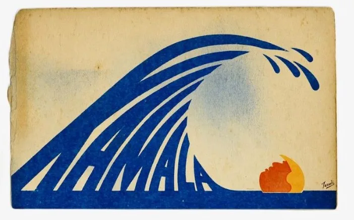 A vintage-style illustration shows a large blue wave crashing down, with the word 'hahaha' formed by the wave's shape. A…