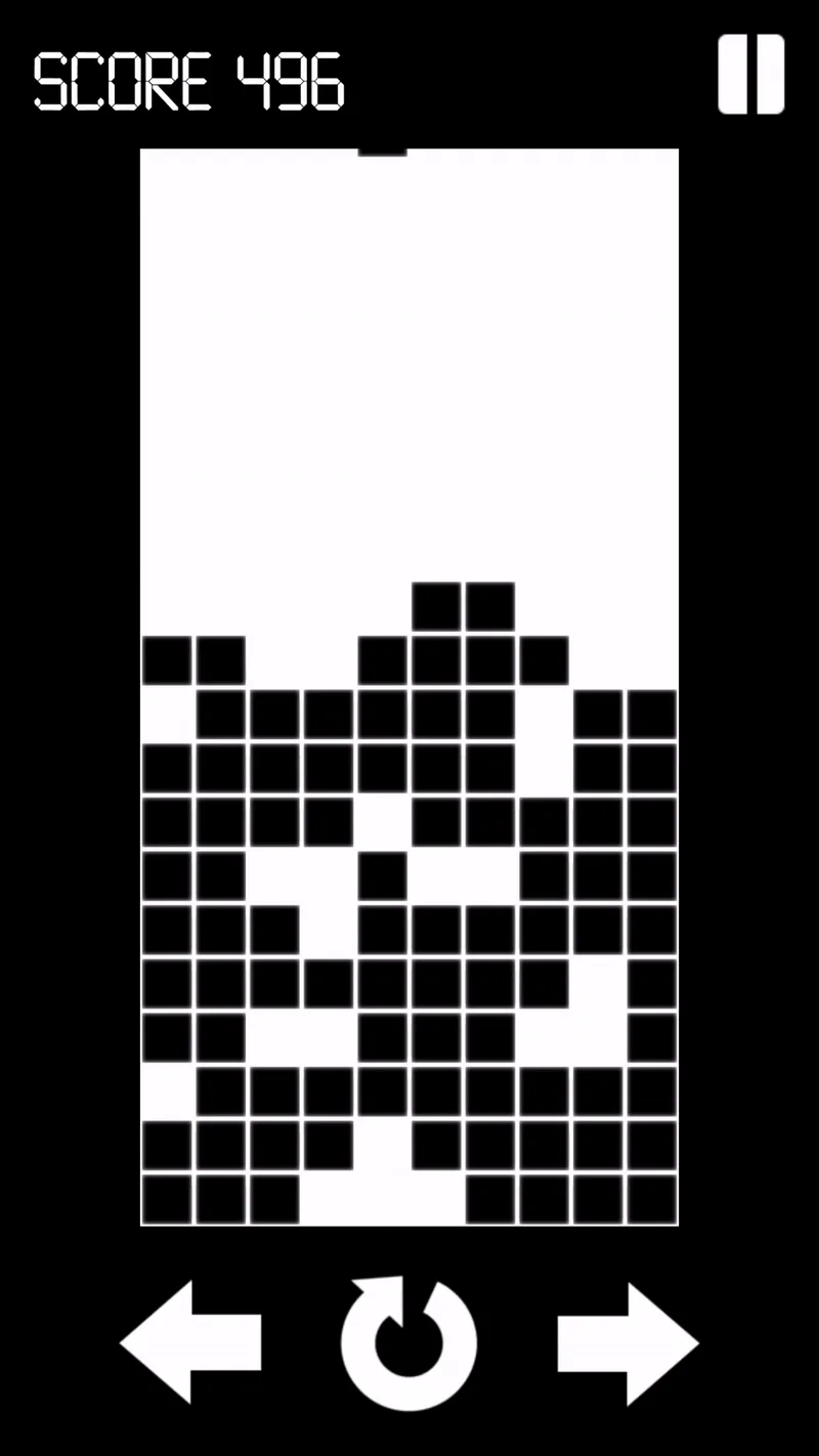 Six panels show a black-and-white mobile game resembling Tetris, with pixelated blocks forming shapes. The top three panels…