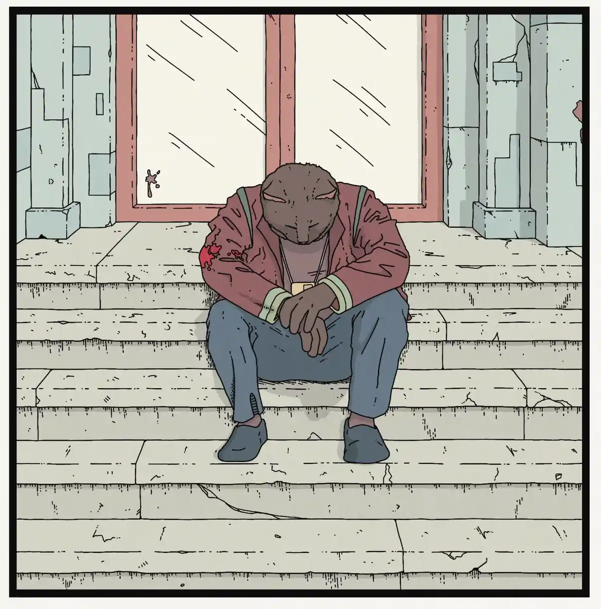 A cartoon anthropomorphic animal with a dark, textured face sits slumped on weathered stone steps, head bowed and arms…