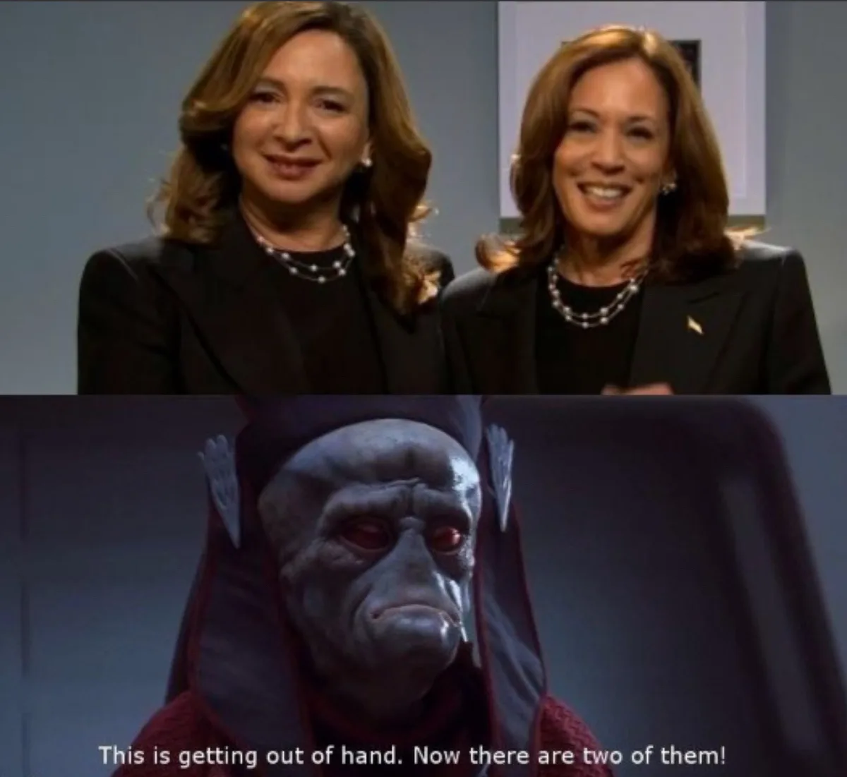 The top half shows two identical-looking women in black suits and pearl necklaces, smiling at the camera. The bottom half…
