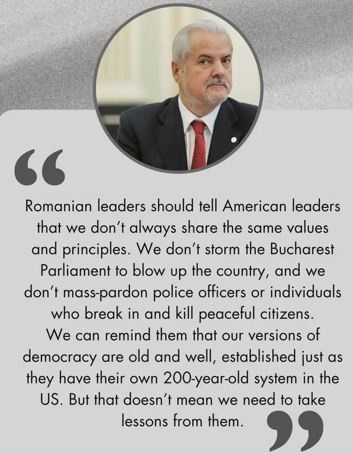 A circular portrait of a man with gray hair and a mustache wearing a dark suit and red tie is overlaid with a long quote…