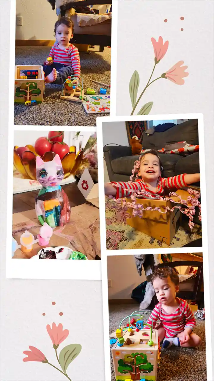 A collage of five photos showing a toddler in a red and white striped shirt playing with wooden toys, painting a cat…