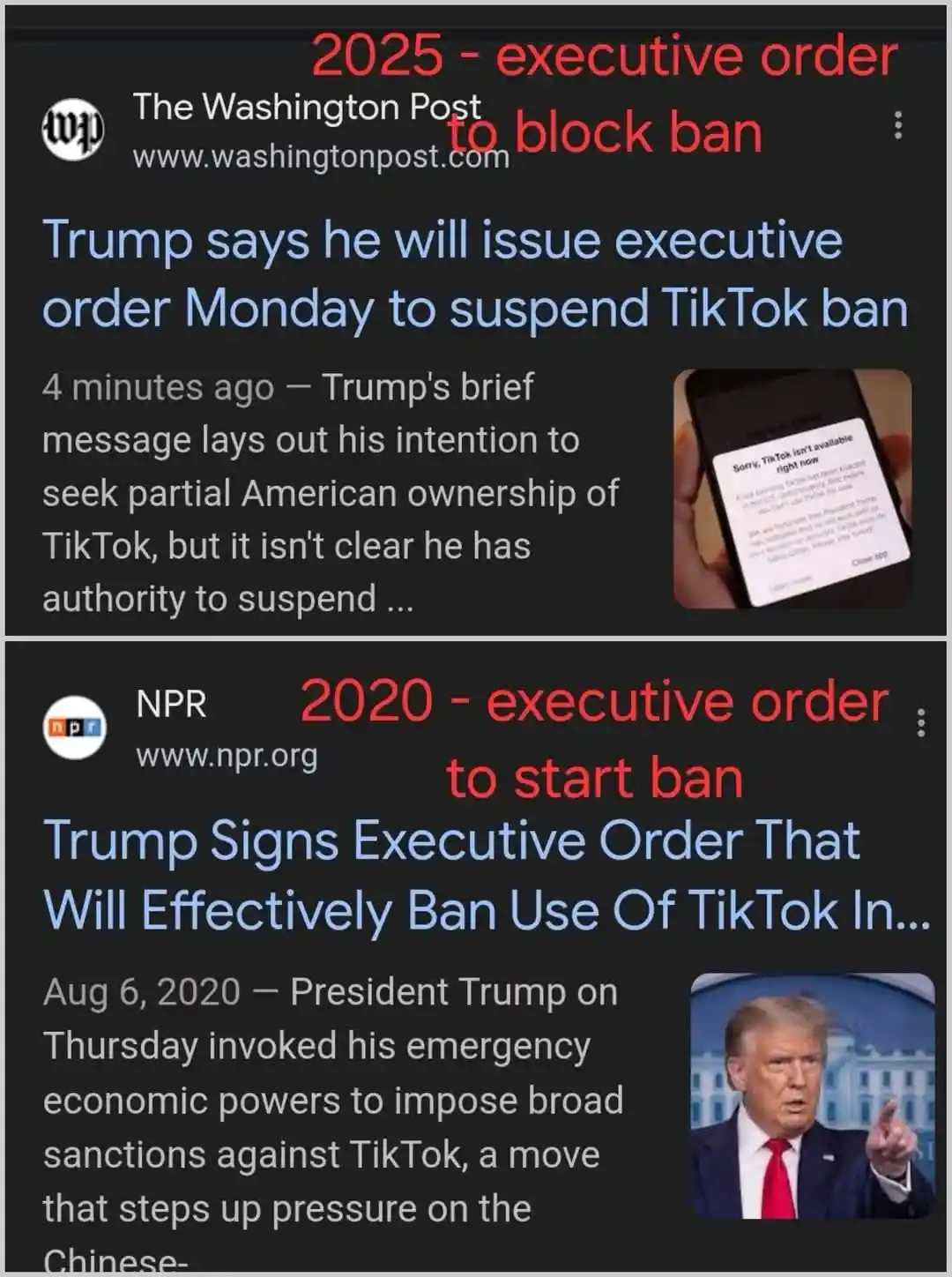 The image displays two news headlines side-by-side. The top headline from The Washington Post (2025) reads 'Trump says he…