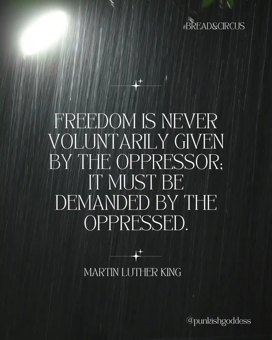 A black-and-white image of heavy rain falling under a bright spotlight, overlaid with a quote in white serif font attributed…