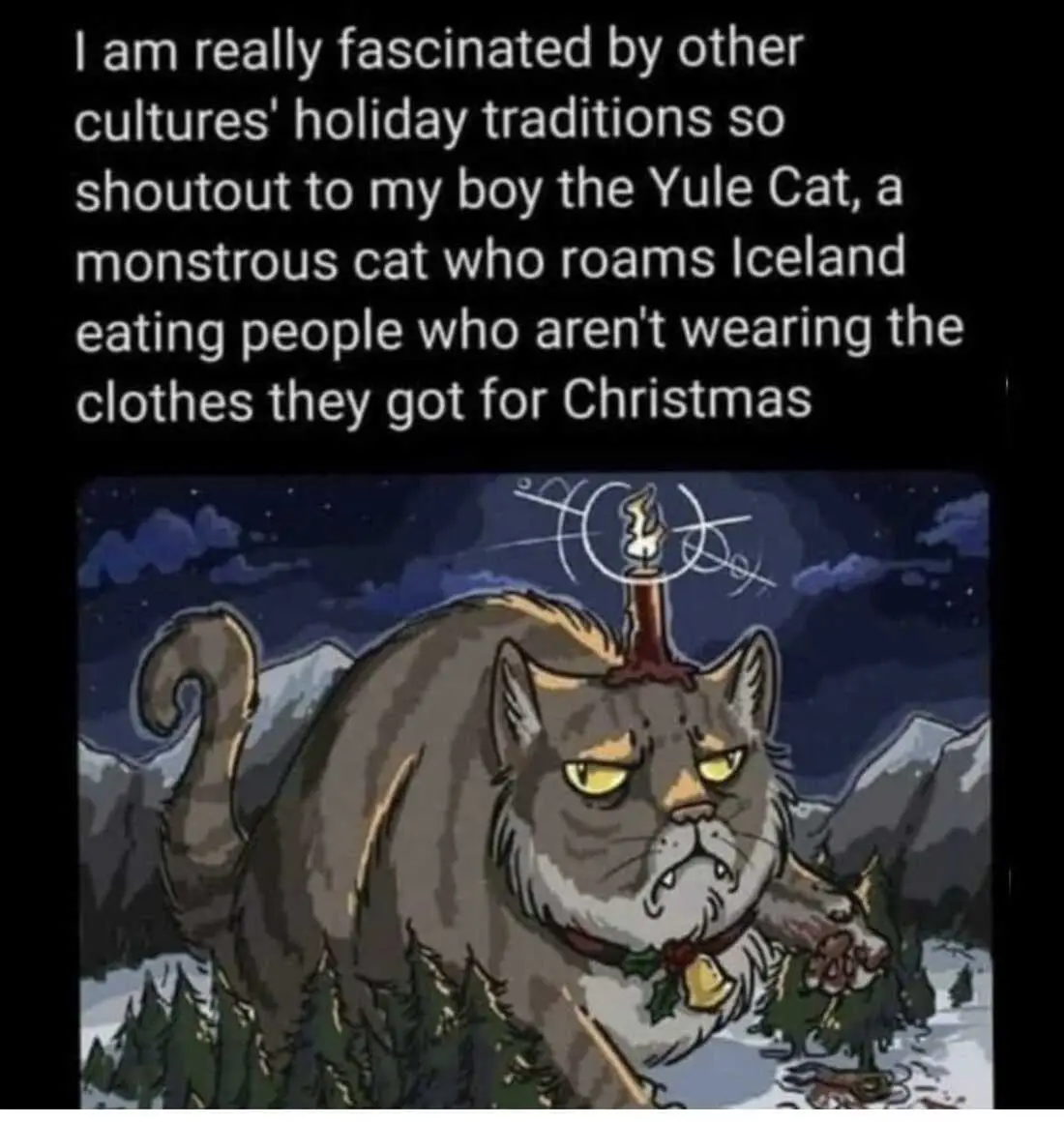 A large, monstrous grey cat with glowing yellow eyes and a candle on its head stands in a snowy, mountainous landscape under…