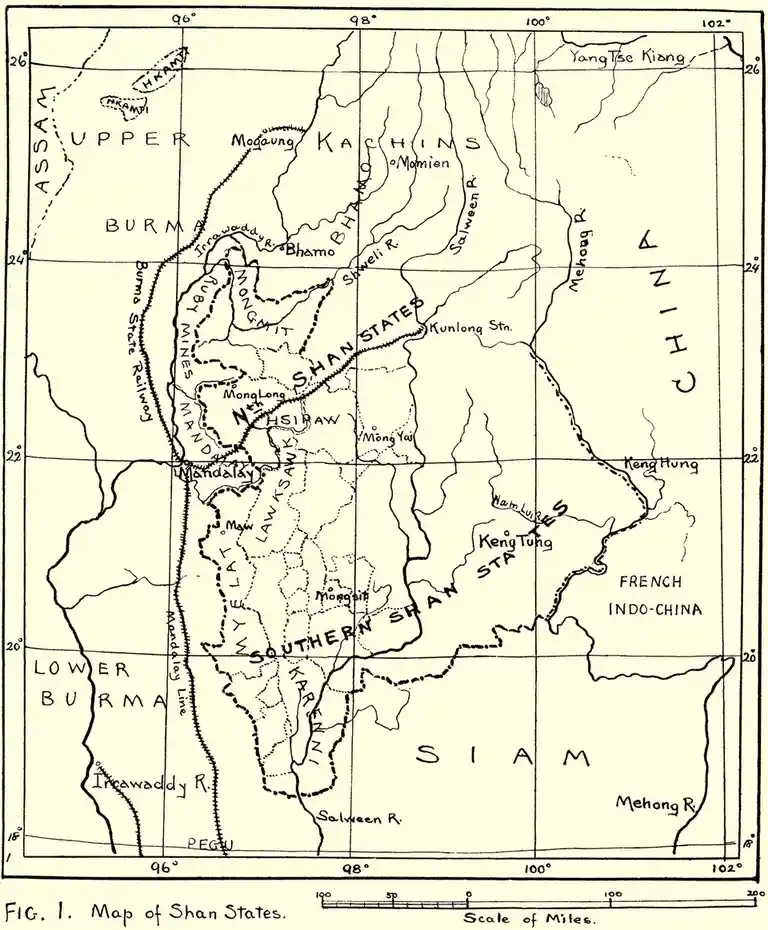 A vintage black-and-white map labeled 'FIG. 1. Map of Shan States.' shows a region in Southeast Asia with labeled countries…