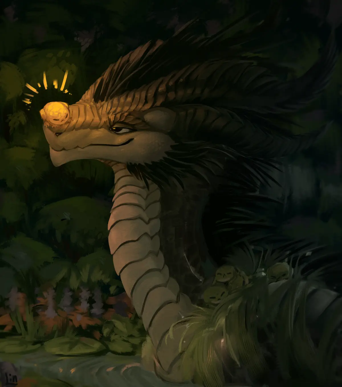 A serene, stylized dragon with a glowing golden orb on its snout and dark, feather-like crests, partially submerged in water…