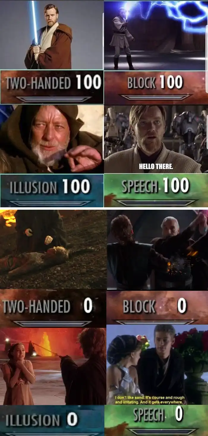This meme juxtaposes scenes from Star Wars with RPG-style skill bars. The top half shows Obi-Wan Kenobi and Anakin Skywalker…