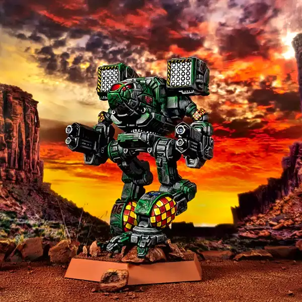 A green and black painted miniature robot stands on a rocky desert terrain under a dramatic red and orange sunset sky. The…