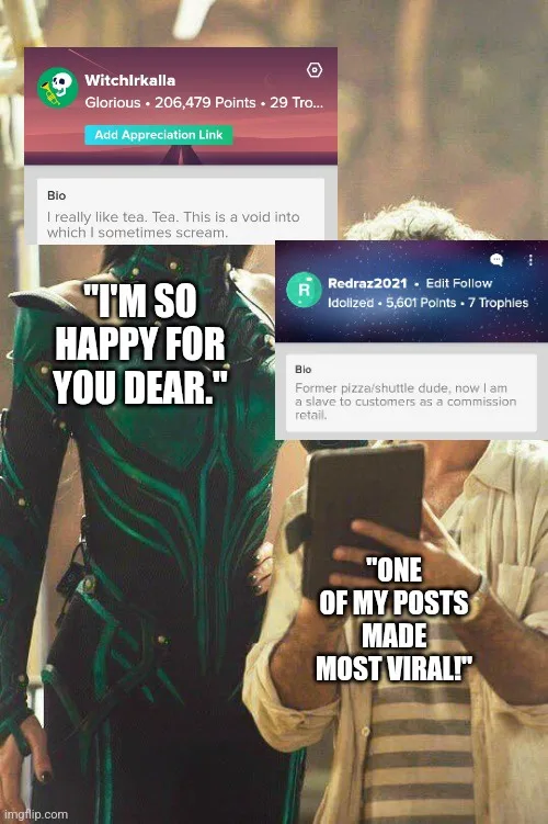 The image shows two Reddit-style user profile boxes overlaid on a scene from the movie 'Thor: Ragnarok' where a character in…