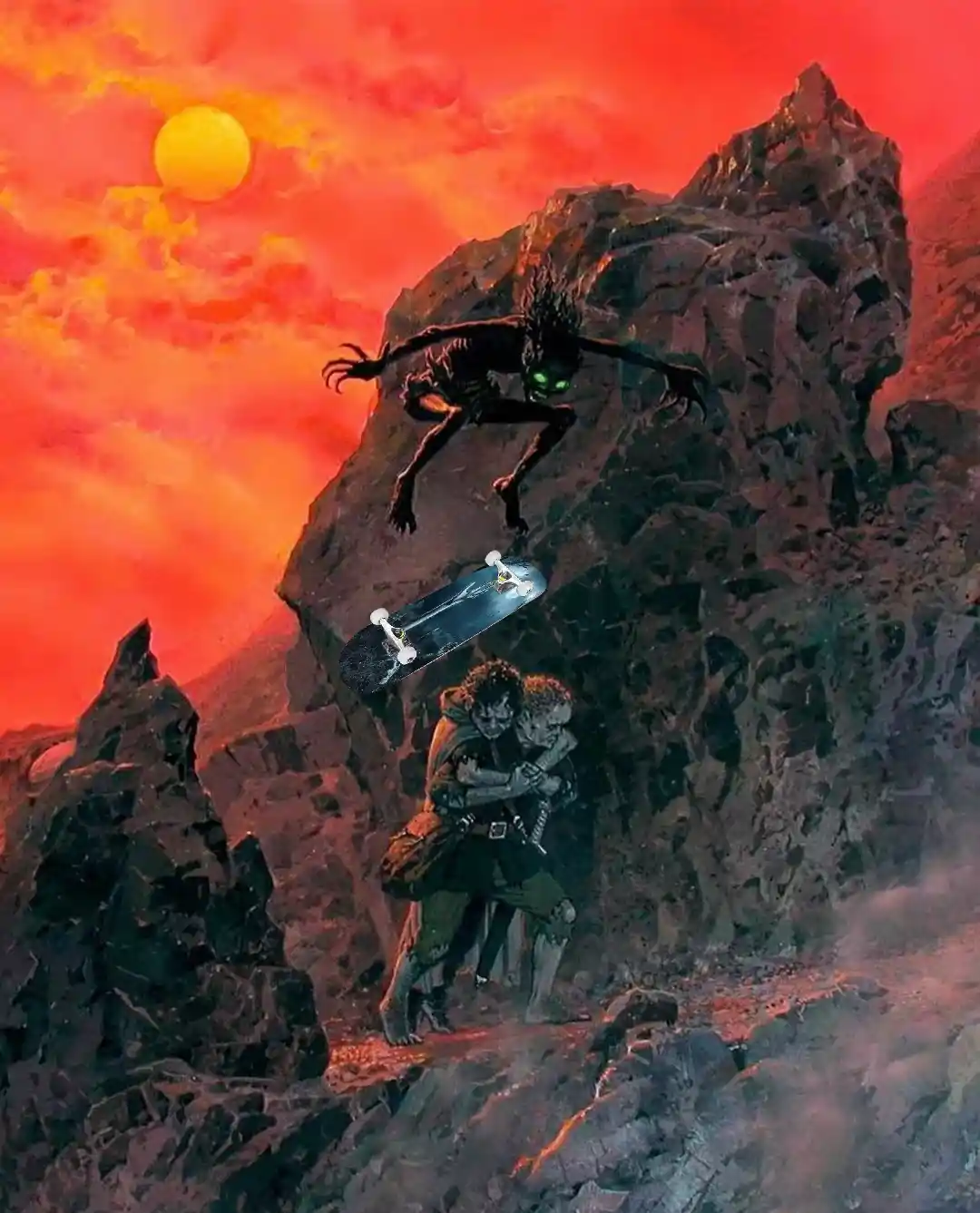 A dramatic fantasy painting depicts two figures huddled together on a rocky cliff under a fiery orange sunset, while a…