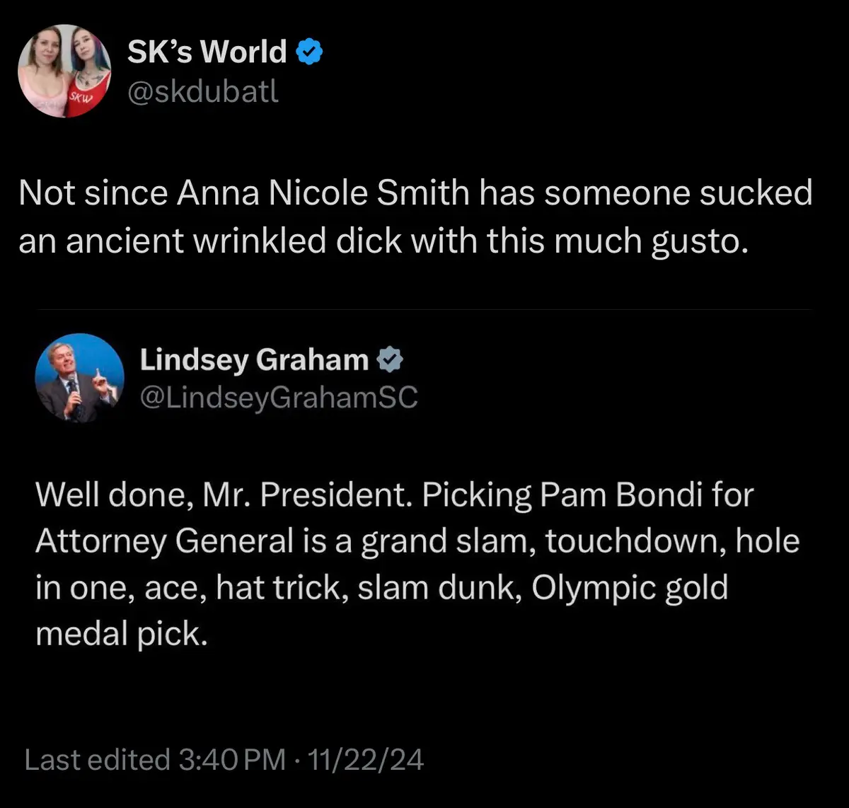 The image displays two Twitter posts. The top post from 'SK's World' contains a vulgar, hyperbolic comment comparing a…
